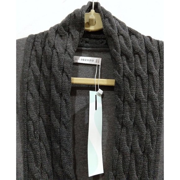 Drape Front Belted Knit Cardigan L Cable Knit Lapels Sharkbite Handkerchief Hem - Picture 3 of 5